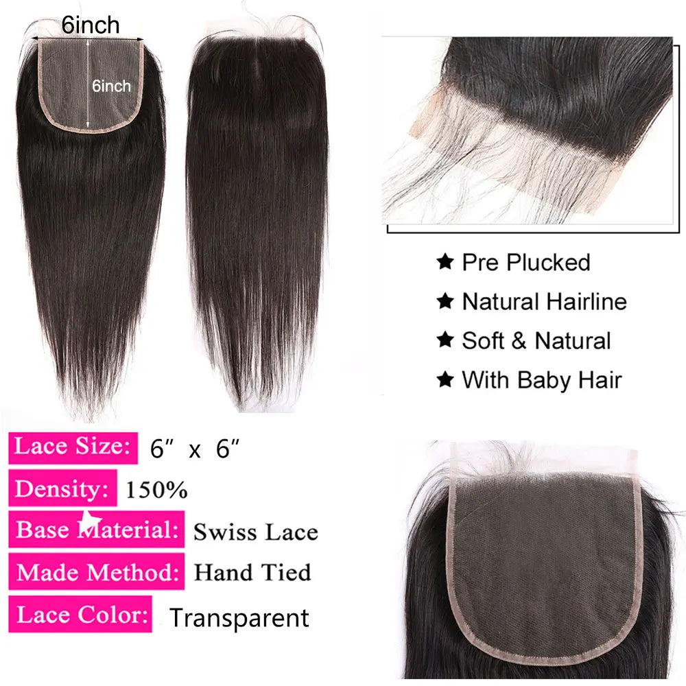 Straight 4x4 5x5 613x4 13x6 Lace Frontal Human Hair Ear to Ear Frontal Extensionsx6 Lace Closure Human Hair Transparent