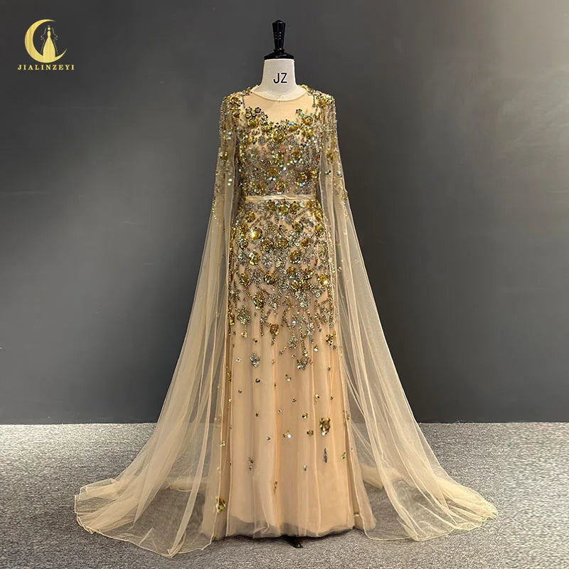 Gold Cape Sequins Crystal Mermaid vestidos de noche abendkleider evening dresses