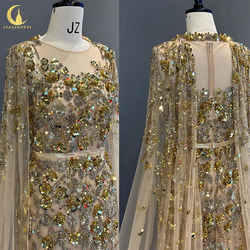 Gold Cape Sequins Crystal Mermaid vestidos de noche abendkleider evening dresses