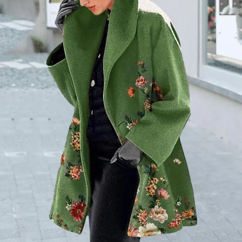 Autumn Winter Elegant Flower Print Women's  Overcoat with Turn-down Collar  Mid Length Loose Thick Warm  Women's Long Coa