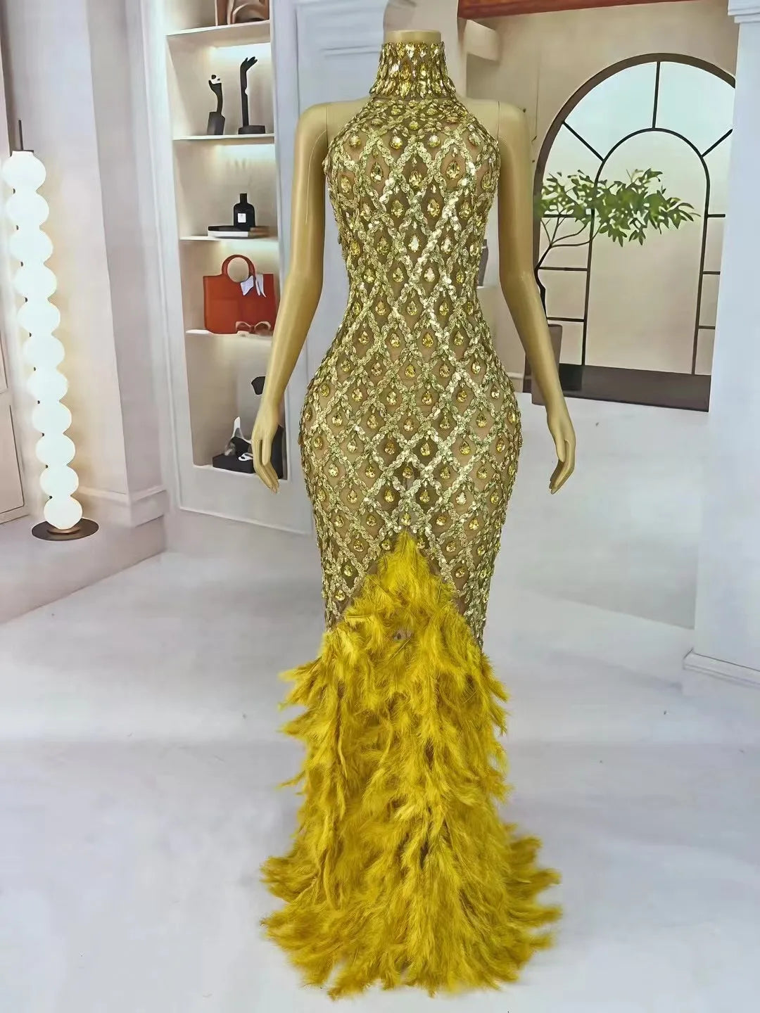 Luxury Shining Gold Rhinestones Feather Sexy Mesh Long Dress Women Birthday Evening Red Carpet Fashion Show Gown Stage Costume