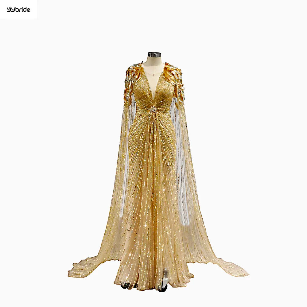 Luxury Gold Color Sequins Full Beading Work Crystals V-Neck Mermaid Skirt Long Cape Customize availables