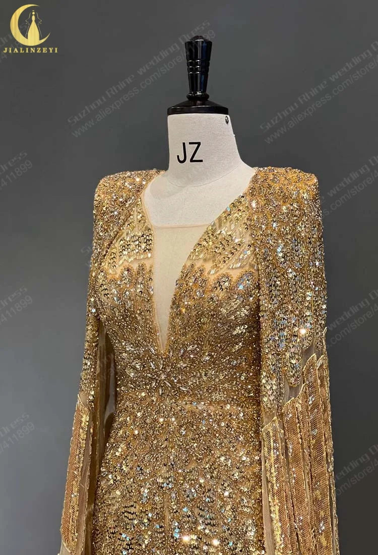 3678 Real Gold Crystal Sequins Beaded Cape Luxury mermaid فساتين السهرة robes de soirée vestidos de fiesta evening d