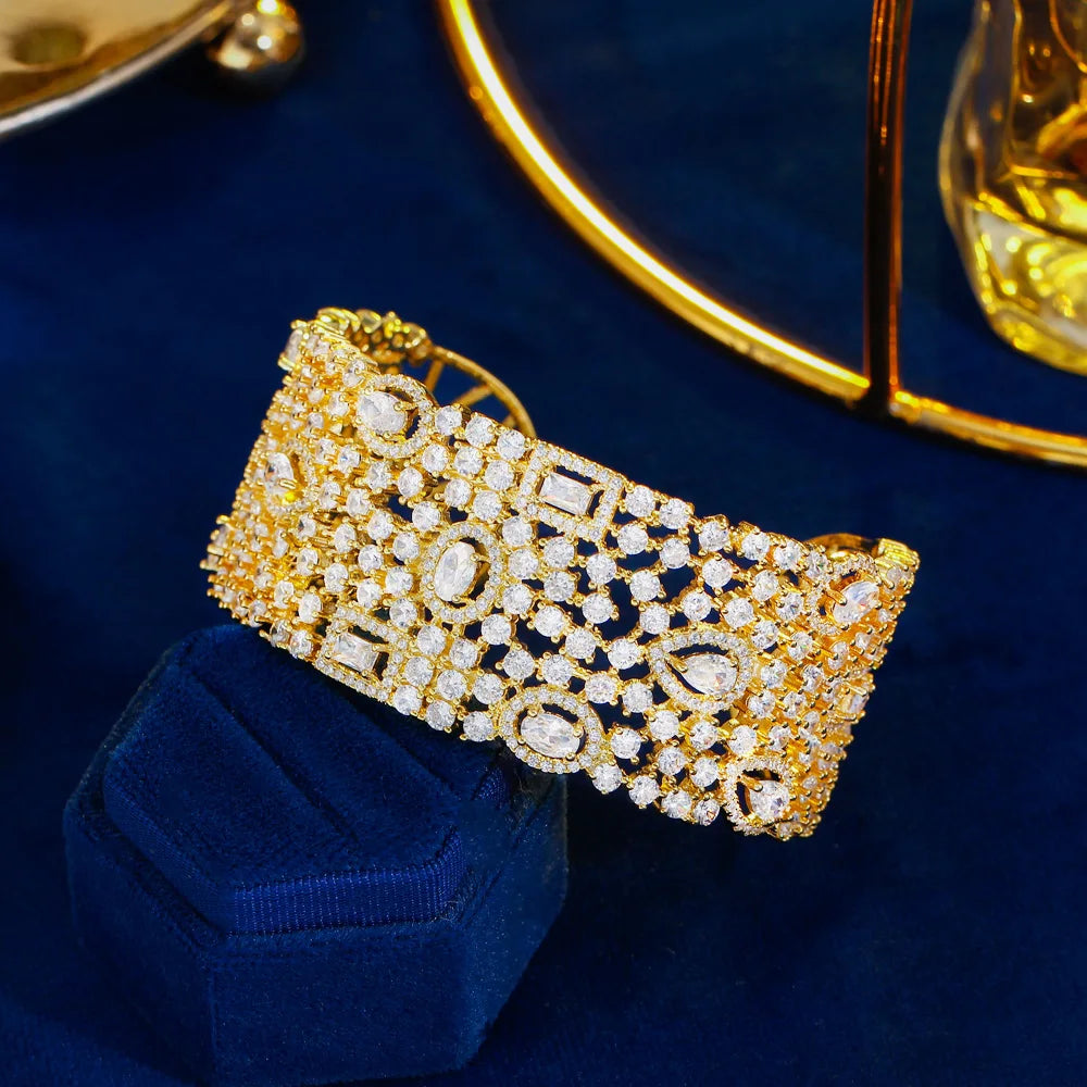 CWWZircons Luxury Statement Chunky Cubic Zirconia Pave Wide Big Bridal Wedding Cuff Bangles for Women Dubai Gold Color BG067