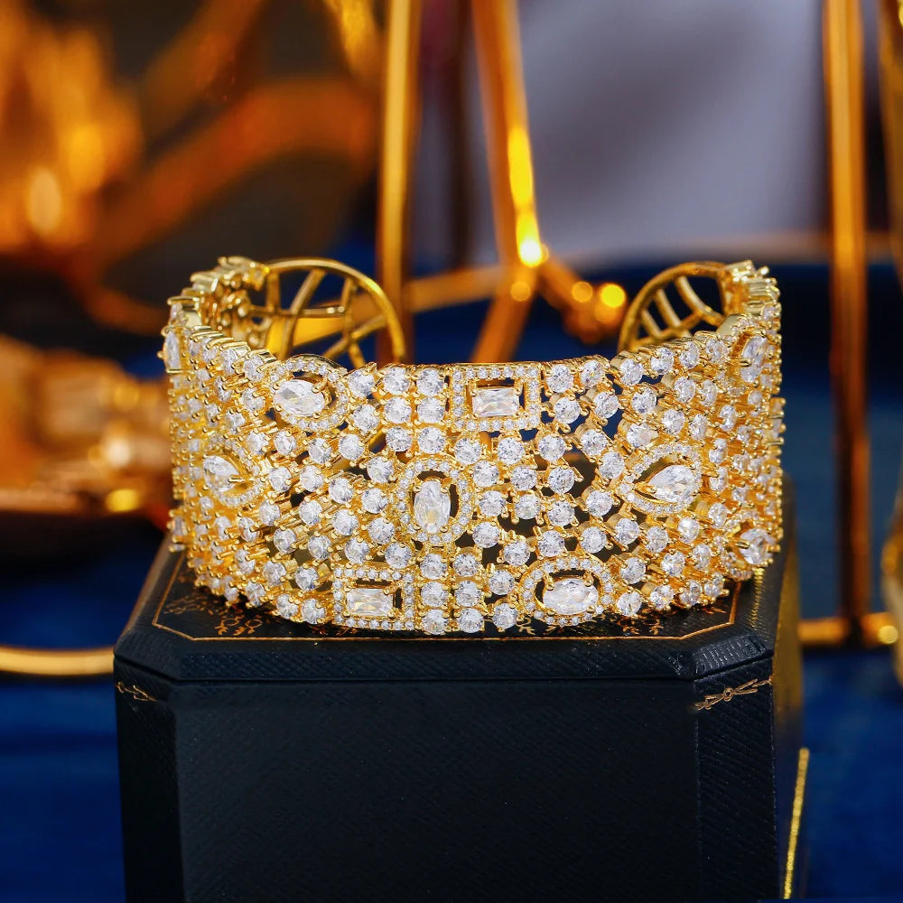 CWWZircons Luxury Statement Chunky Cubic Zirconia Pave Wide Big Bridal Wedding Cuff Bangles for Women Dubai Gold Color BG067