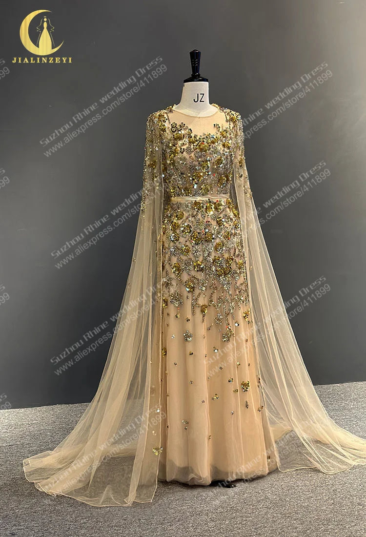 Gold Cape Sequins Crystal Mermaid vestidos de noche abendkleider evening dresses