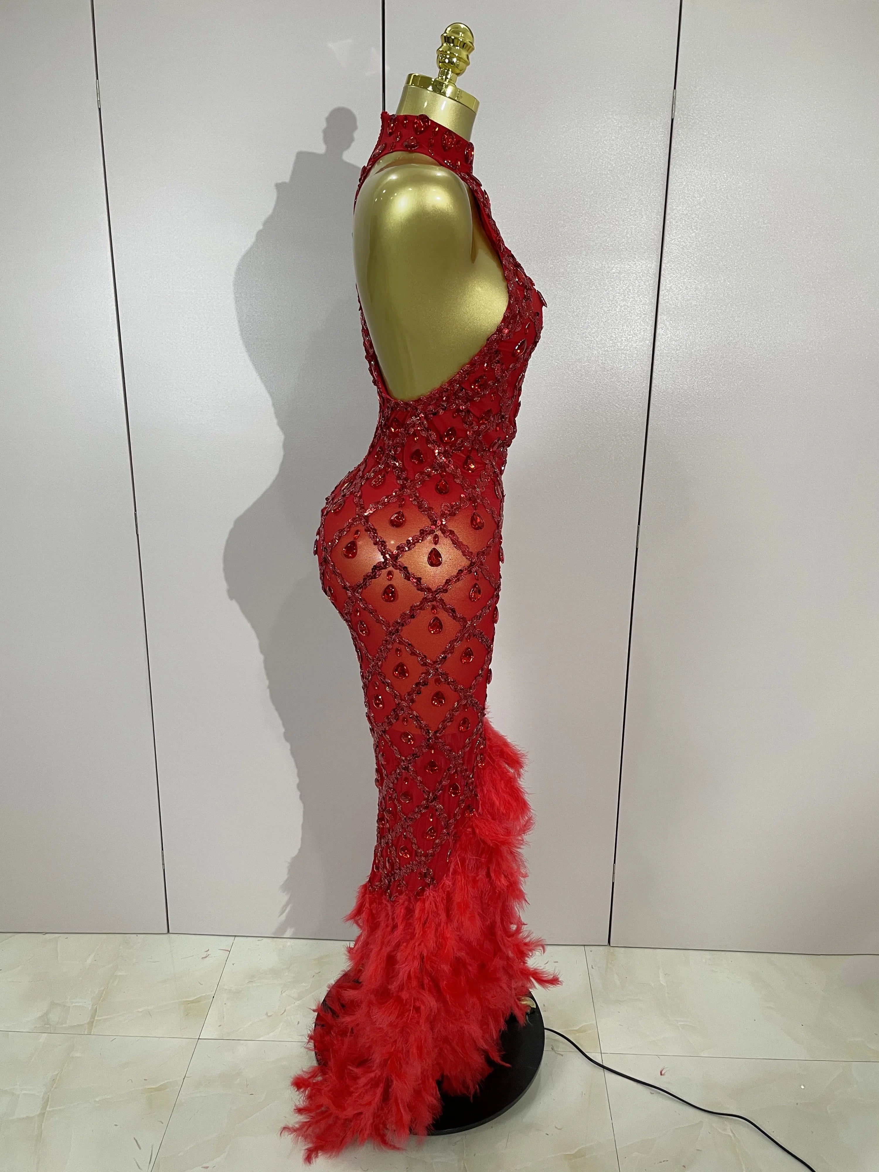 Luxury Shining Gold Rhinestones Feather Sexy Mesh Long Dress Women Birthday Evening Red Carpet Fashion Show Gown Stage Costume