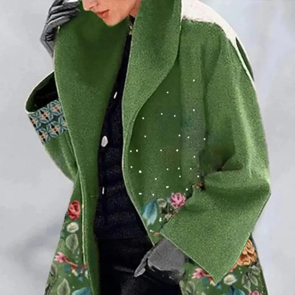 Autumn Winter Elegant Flower Print Women's  Overcoat with Turn-down Collar  Mid Length Loose Thick Warm  Women's Long Coa