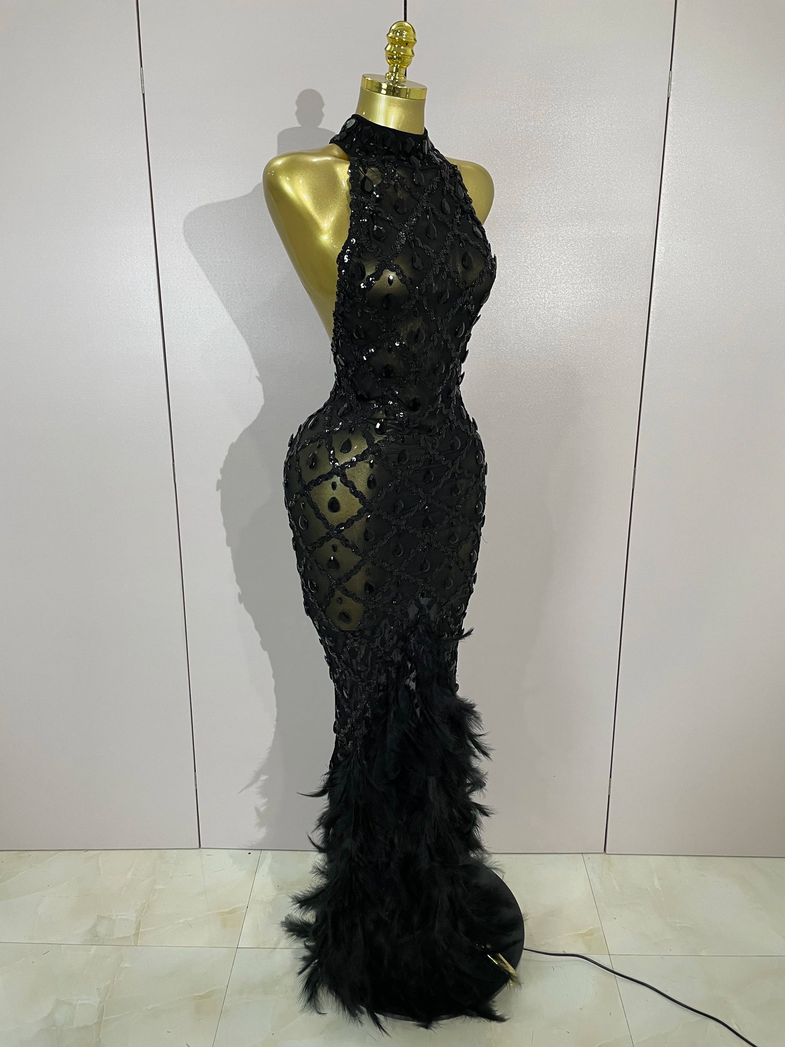 Luxury Shining Gold Rhinestones Feather Sexy Mesh Long Dress Women Birthday Evening Red Carpet Fashion Show Gown Stage Costume