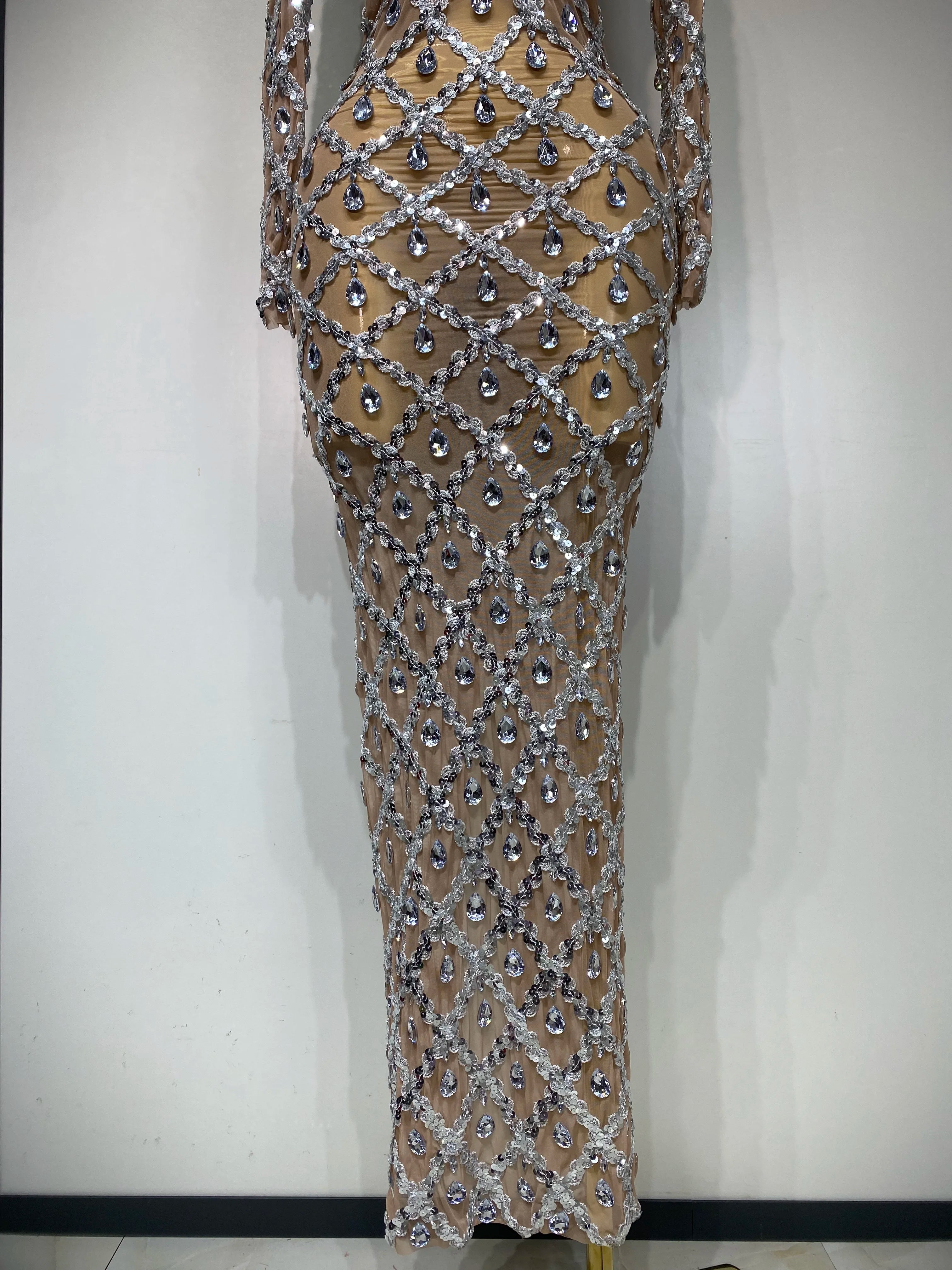 Women Sexy Luxury Birthday Dress Stage Shining Rhinestone Sequin Long Dress Evening Prom Gown Transparent Singer Club Host Dress