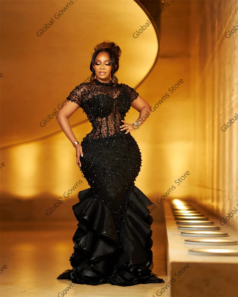 Sparkly Black Ruffles Evening Dresses Bead Crystal Birthday Luxury Dress O Neck Mermaid Party Gown