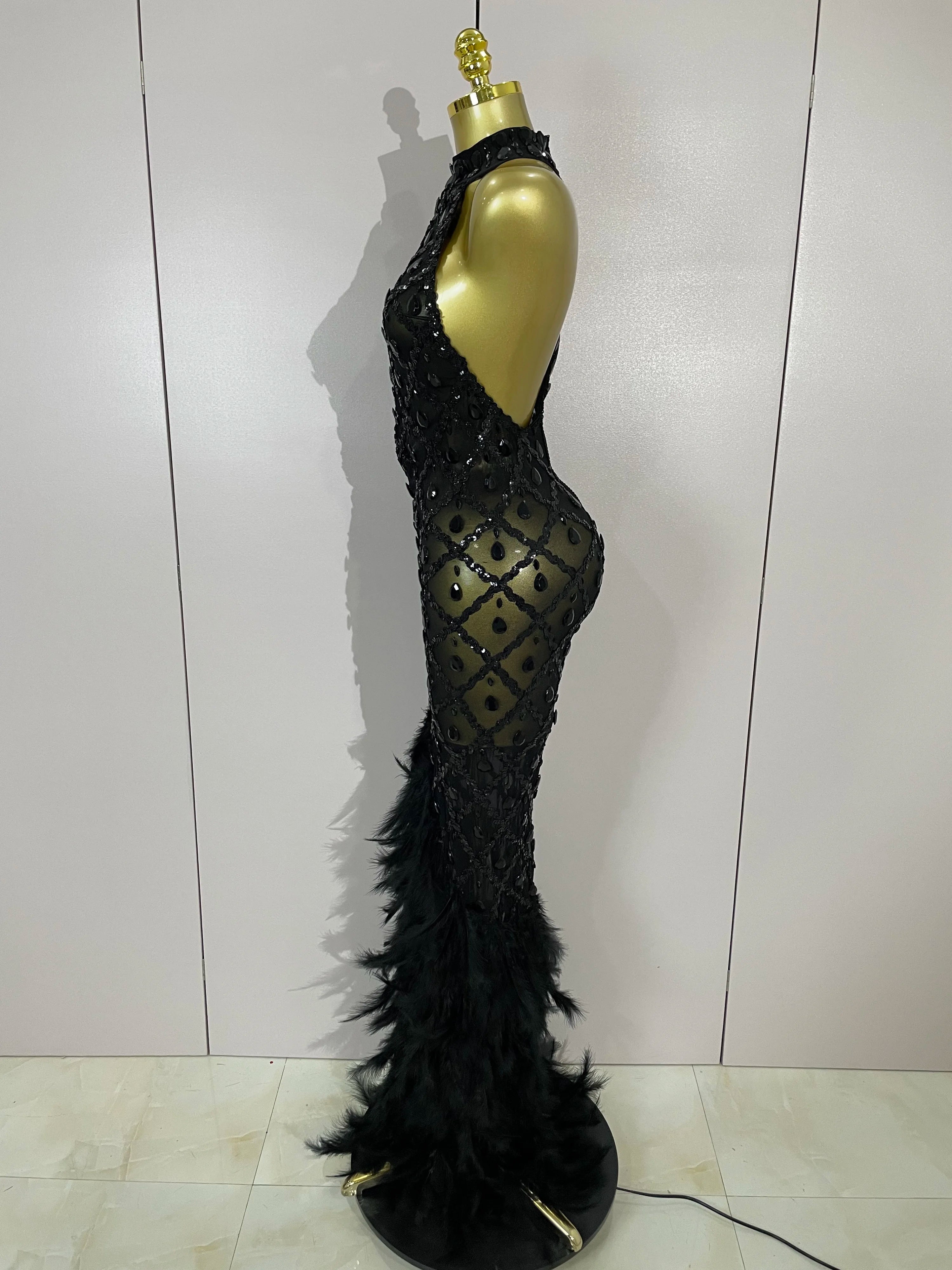 Luxury Shining Gold Rhinestones Feather Sexy Mesh Long Dress Women Birthday Evening Red Carpet Fashion Show Gown Stage Costume