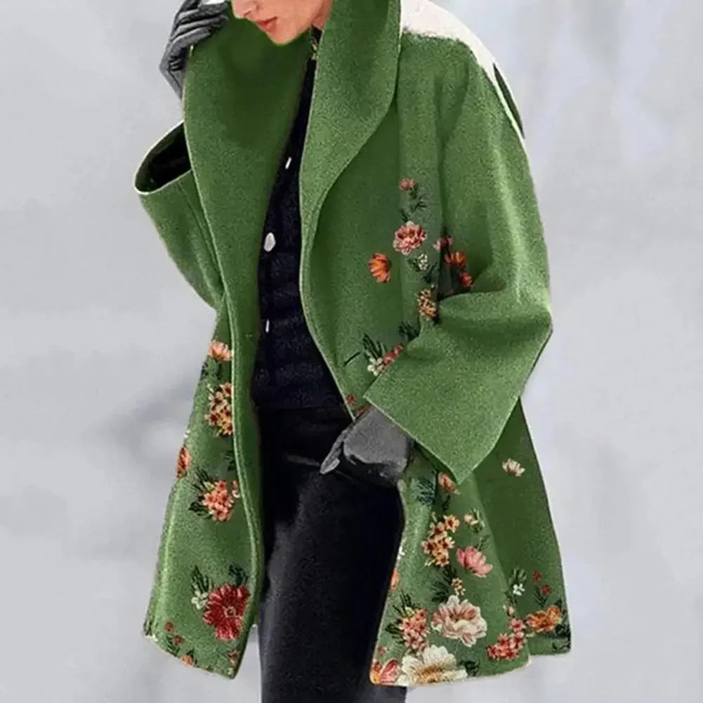 Autumn Winter Elegant Flower Print Women's  Overcoat with Turn-down Collar  Mid Length Loose Thick Warm  Women's Long Coa