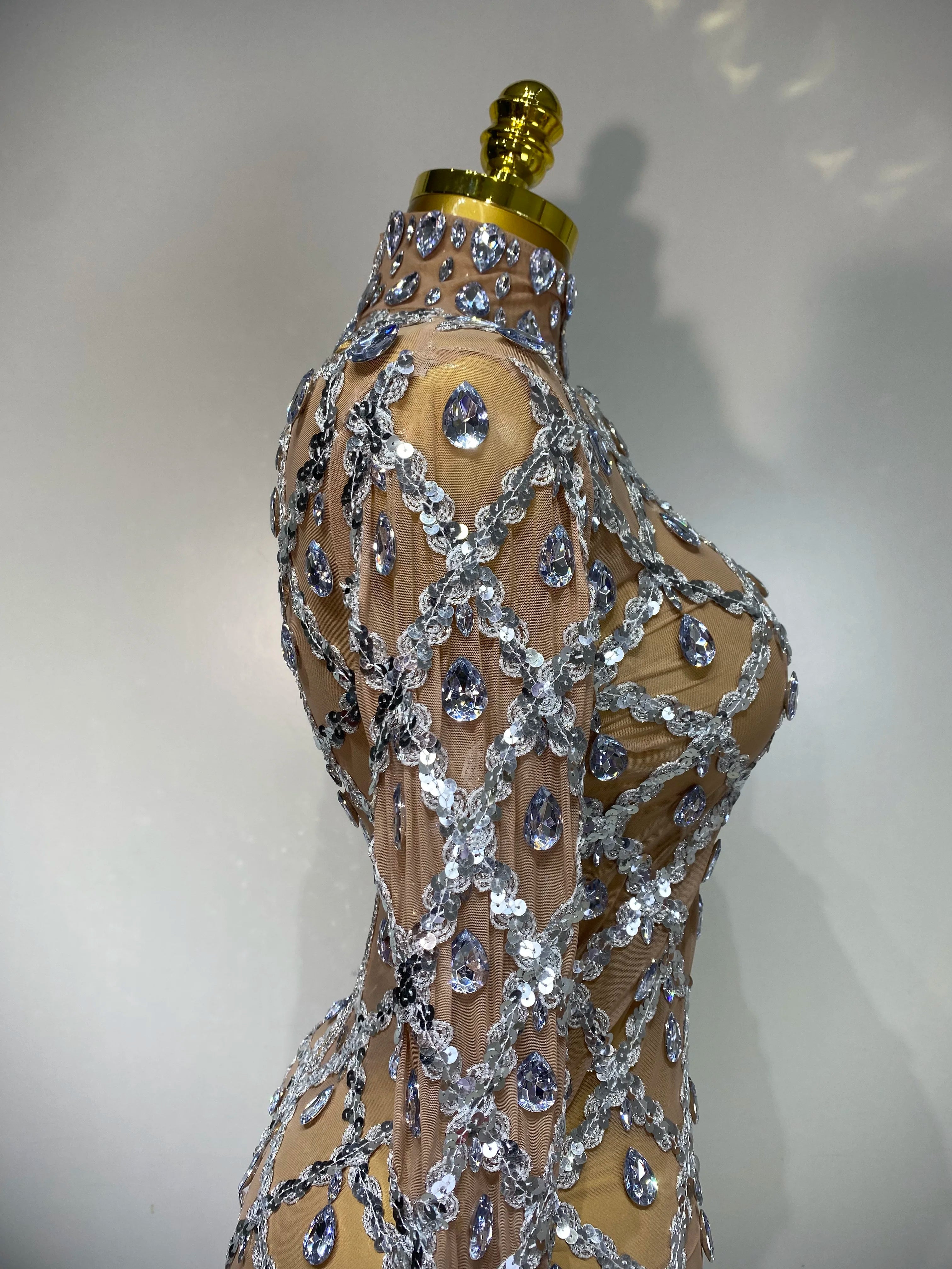 Women Sexy Luxury Birthday Dress Stage Shining Rhinestone Sequin Long Dress Evening Prom Gown Transparent Singer Club Host Dress