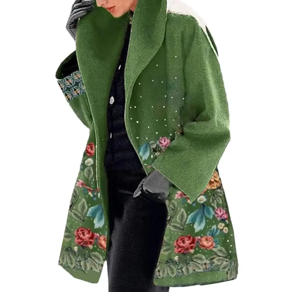 Autumn Winter Elegant Flower Print Women's  Overcoat with Turn-down Collar  Mid Length Loose Thick Warm  Women's Long Coa
