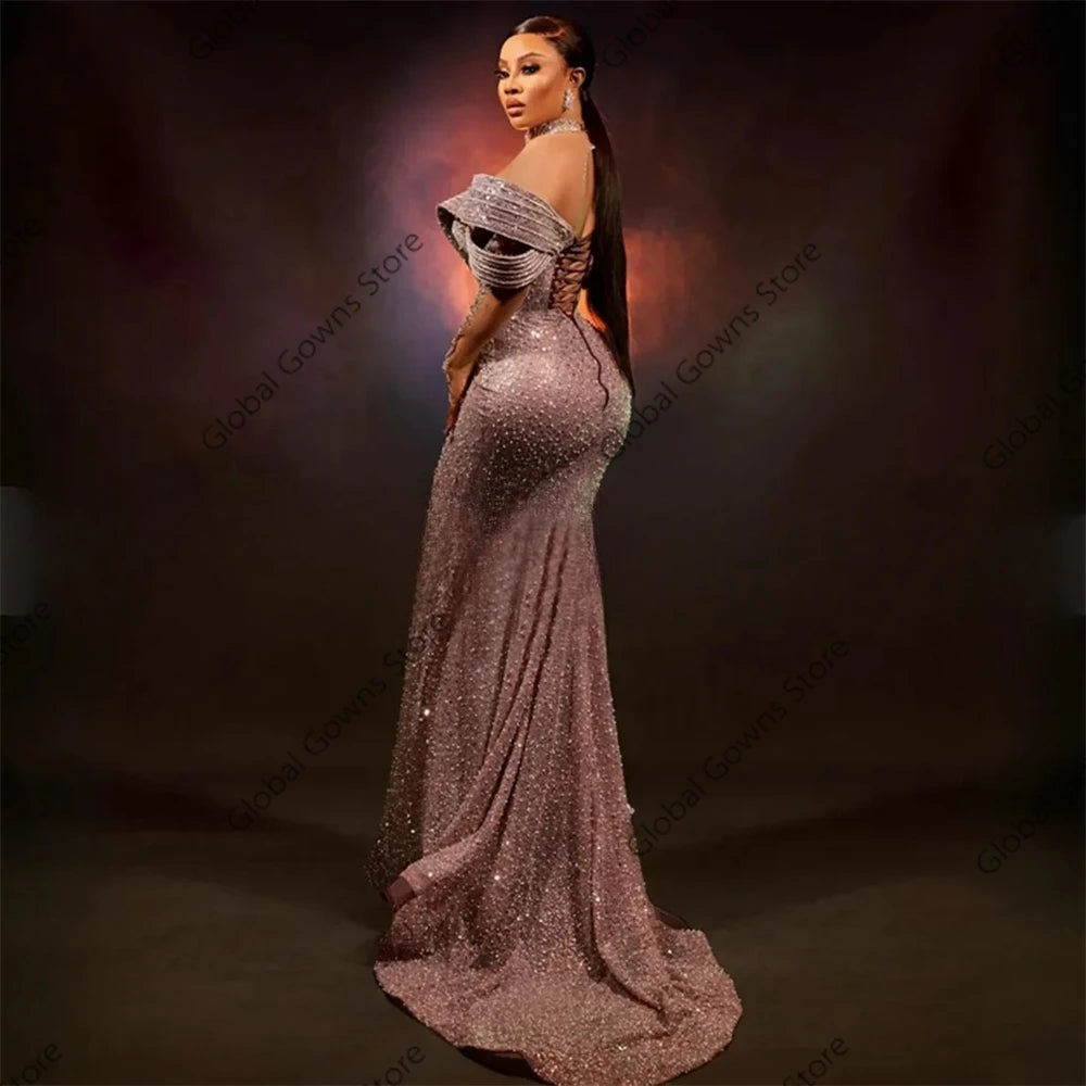 Luxury Silver Lace Beaded Evening Dresses 2025 Lace up, Prom Dress Customized Wedding Party Gown