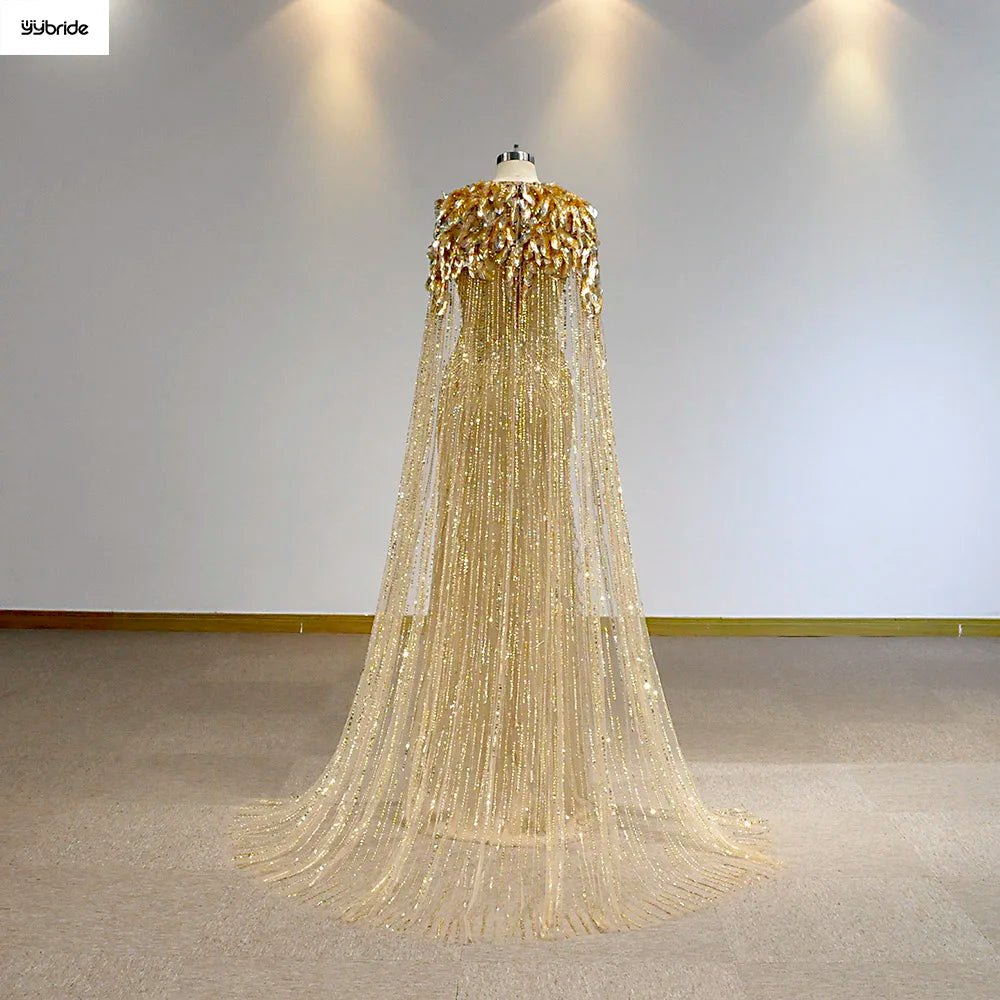 Luxury Gold Color Sequins Full Beading Work Crystals V-Neck Mermaid Skirt Long Cape Customize availables