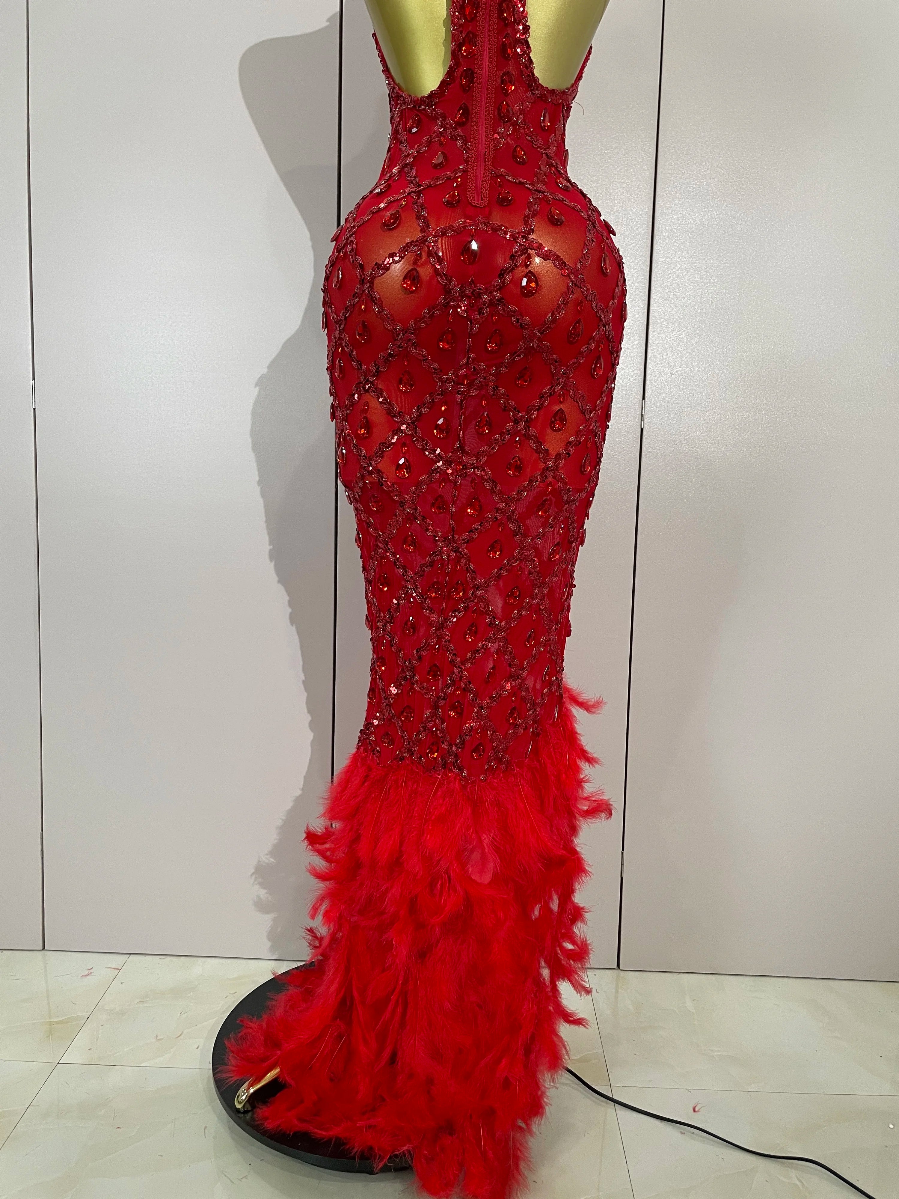 Luxury Shining Gold Rhinestones Feather Sexy Mesh Long Dress Women Birthday Evening Red Carpet Fashion Show Gown Stage Costume