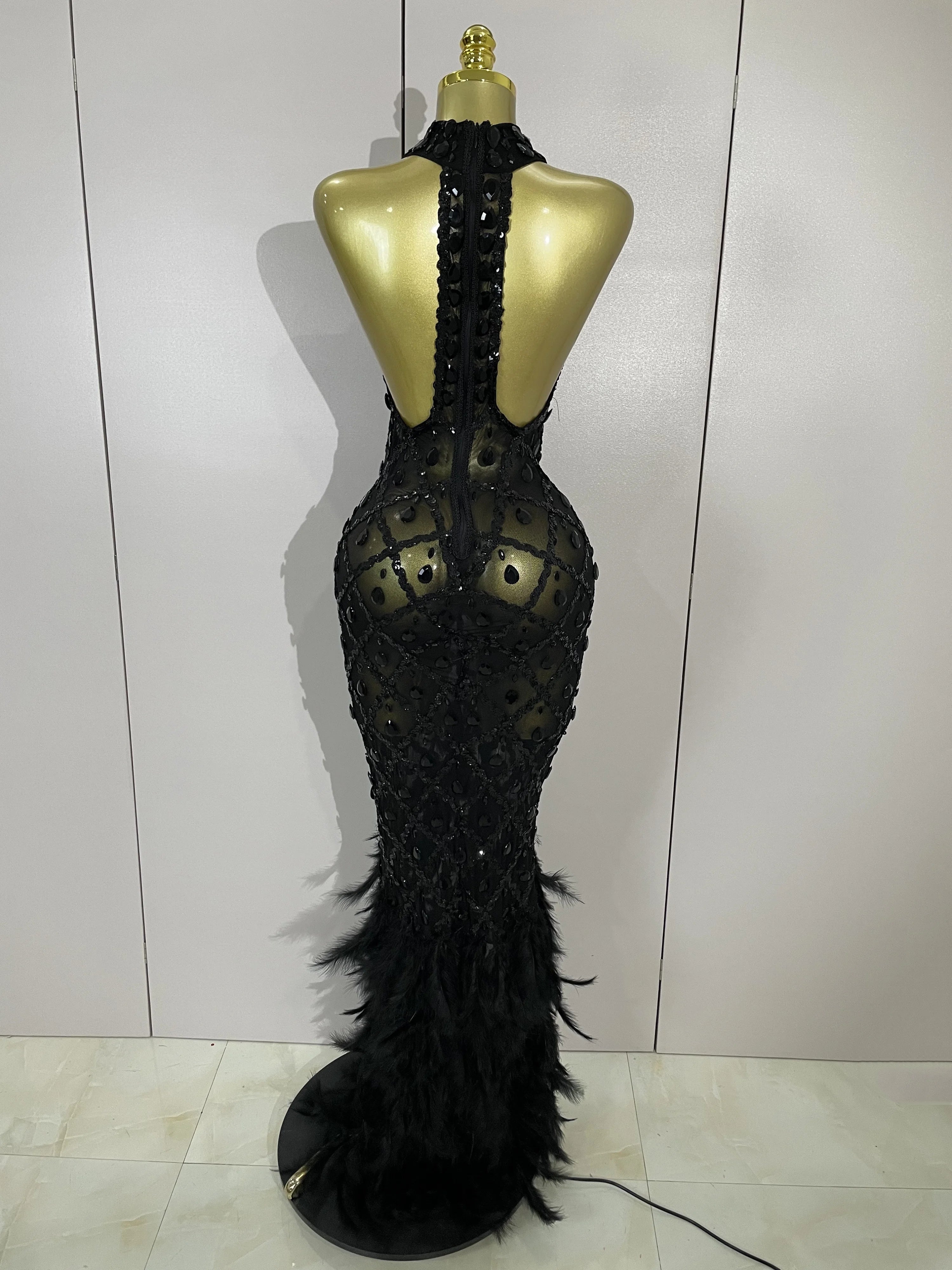 Luxury Shining Gold Rhinestones Feather Sexy Mesh Long Dress Women Birthday Evening Red Carpet Fashion Show Gown Stage Costume