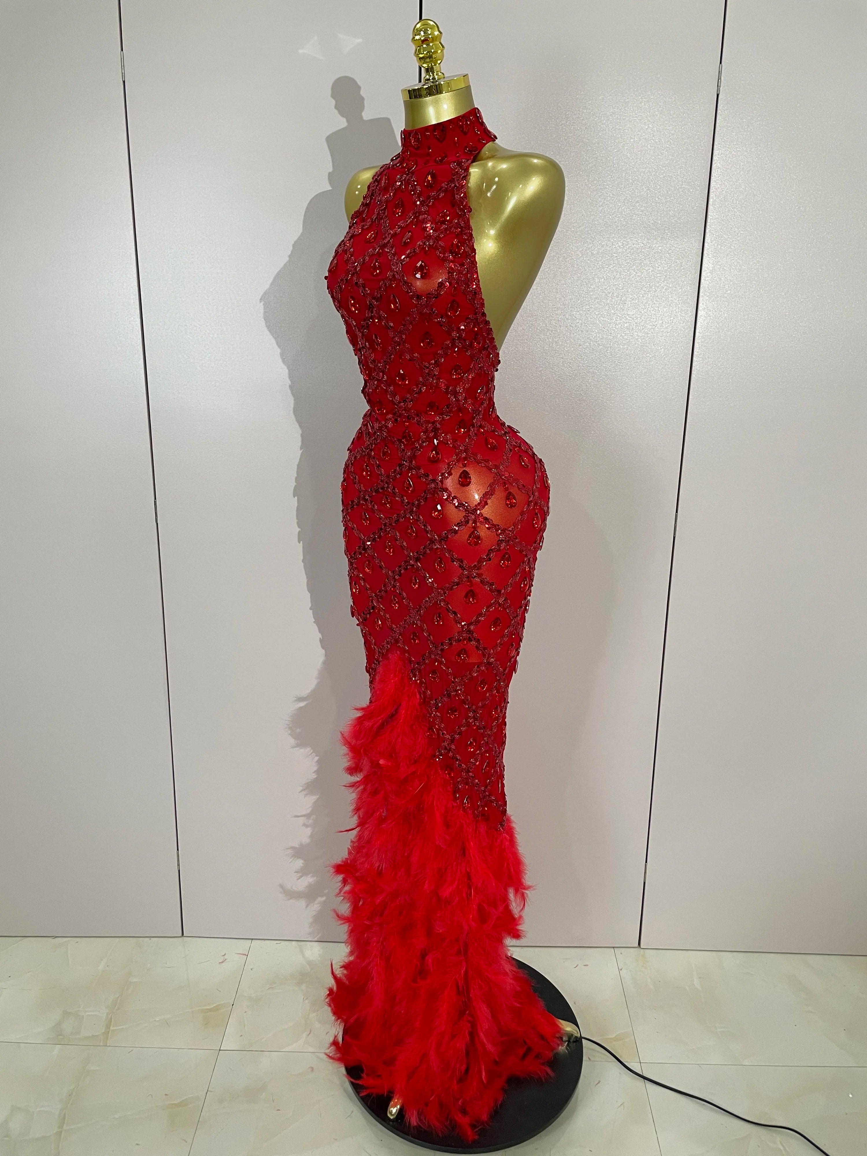 Luxury Shining Gold Rhinestones Feather Sexy Mesh Long Dress Women Birthday Evening Red Carpet Fashion Show Gown Stage Costume