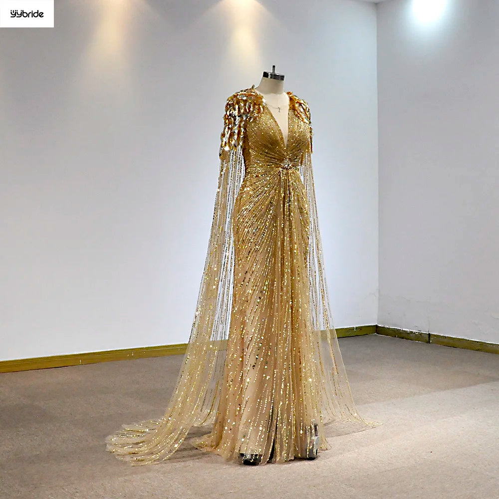 Luxury Gold Color Sequins Full Beading Work Crystals V-Neck Mermaid Skirt Long Cape Customize availables