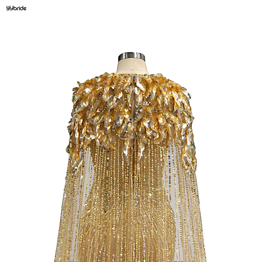 Luxury Gold Color Sequins Full Beading Work Crystals V-Neck Mermaid Skirt Long Cape Customize availables