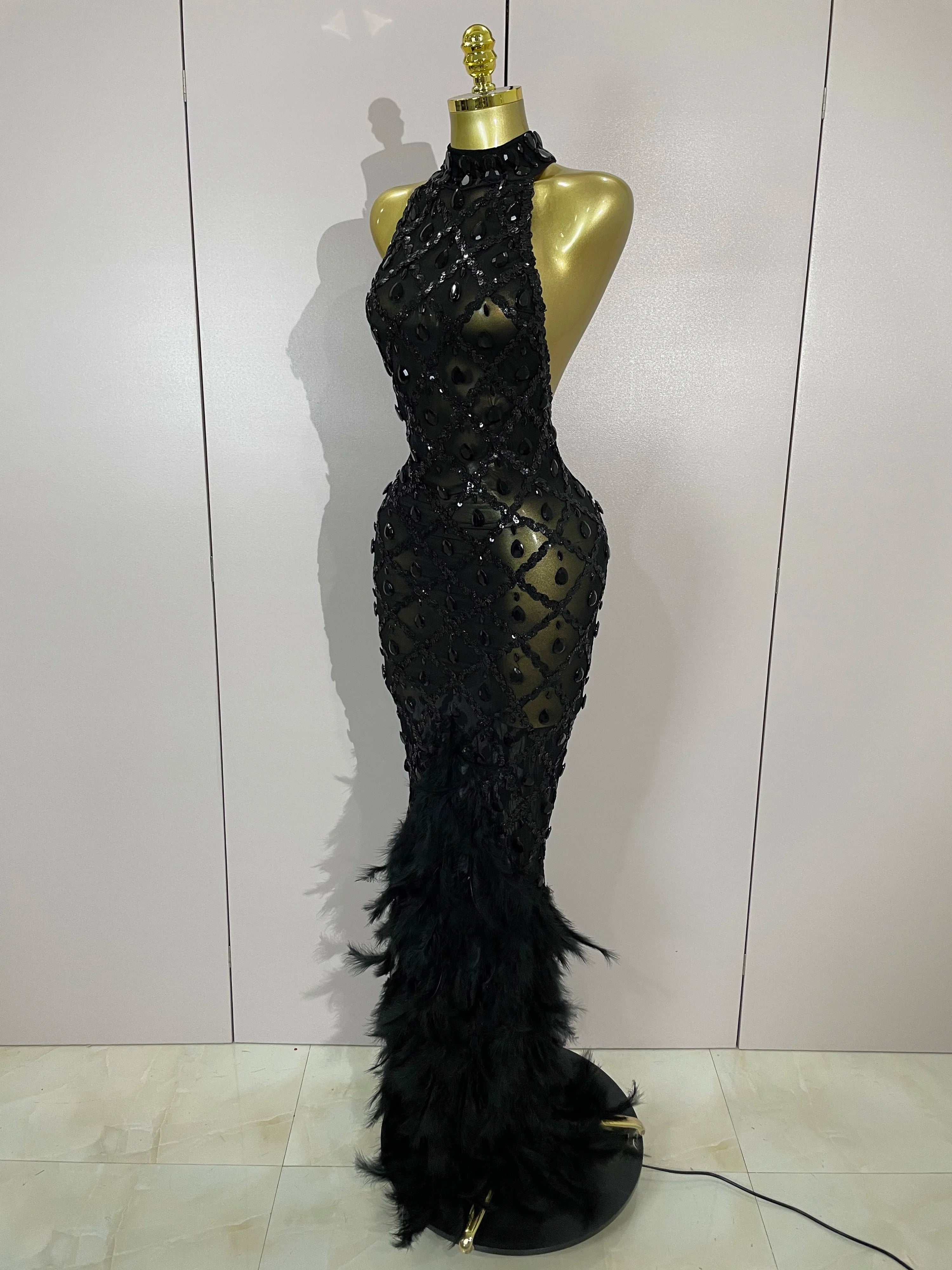 Luxury Shining Gold Rhinestones Feather Sexy Mesh Long Dress Women Birthday Evening Red Carpet Fashion Show Gown Stage Costume