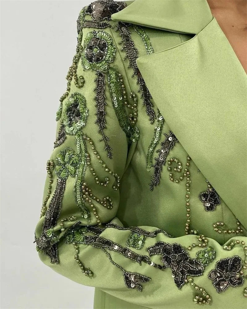 Designer Green Satin Women Suits Set Luxury Bead Applique Formal Wedding Evening Prom Dress 2 Pieces Blazer+Pants Customized