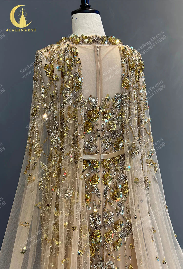 Gold Cape Sequins Crystal Mermaid vestidos de noche abendkleider evening dresses
