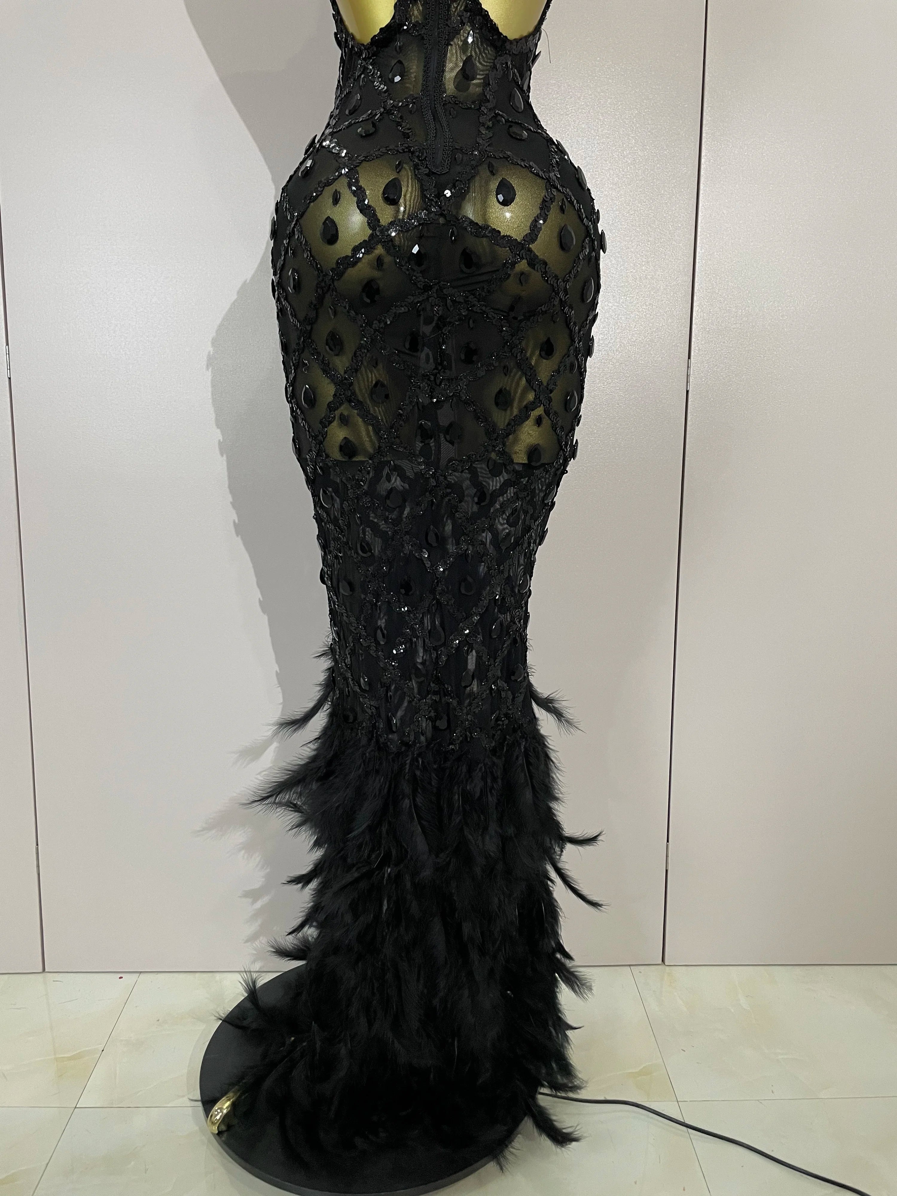 Luxury Shining Gold Rhinestones Feather Sexy Mesh Long Dress Women Birthday Evening Red Carpet Fashion Show Gown Stage Costume