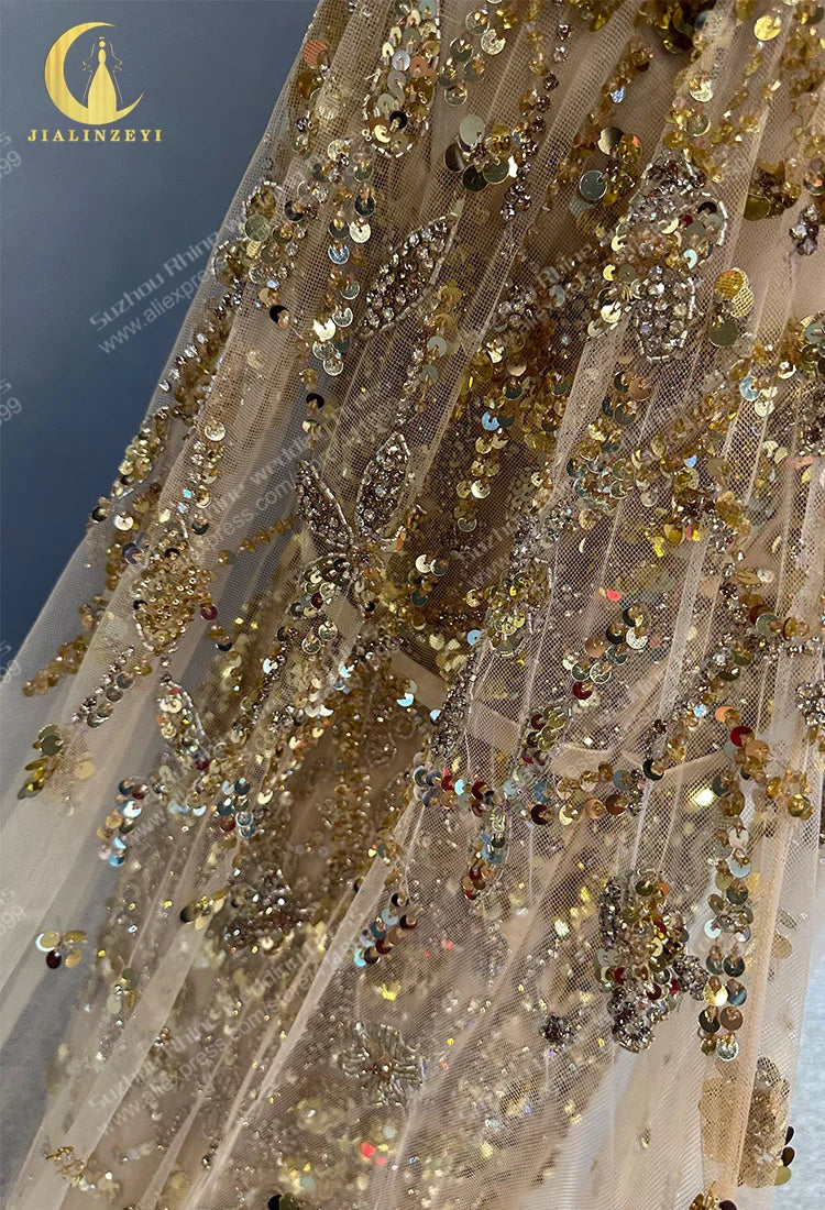 Gold Cape Sequins Crystal Mermaid vestidos de noche abendkleider evening dresses