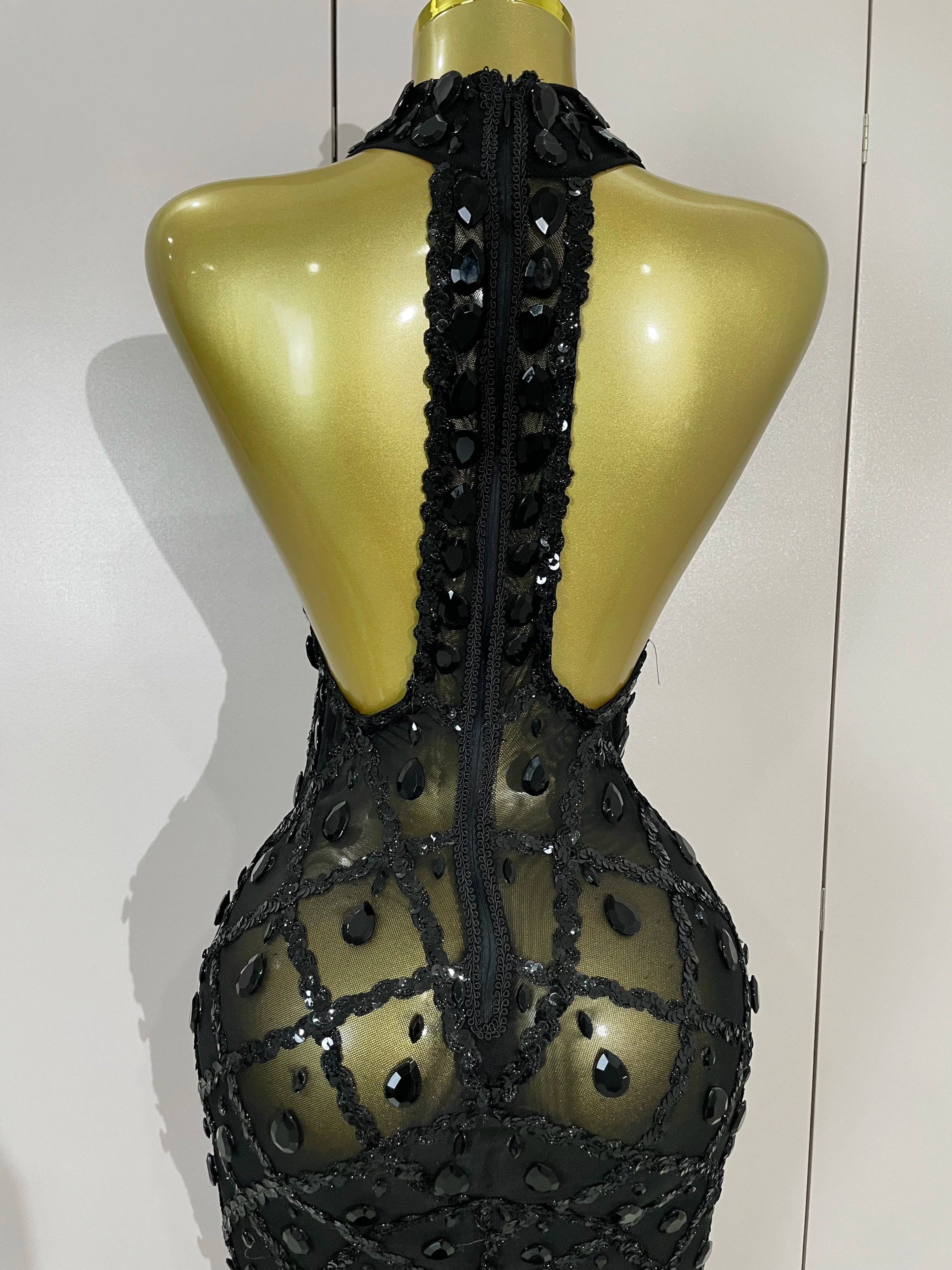 Luxury Shining Gold Rhinestones Feather Sexy Mesh Long Dress Women Birthday Evening Red Carpet Fashion Show Gown Stage Costume