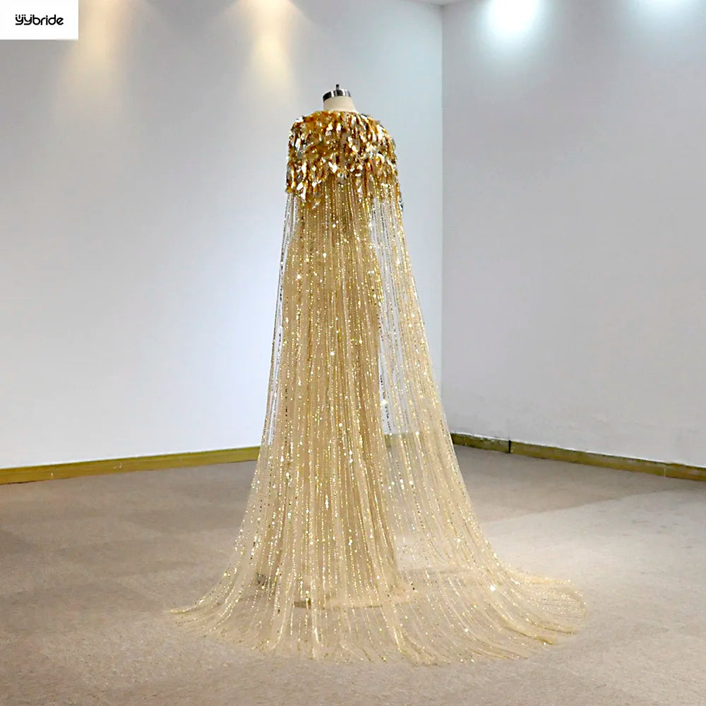 Luxury Gold Color Sequins Full Beading Work Crystals V-Neck Mermaid Skirt Long Cape Customize availables