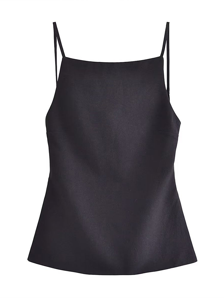 Women Fashion Solid Lace Up Backless Camisole Vintage Thin Straps Square Collar Female Chic Lady Tops