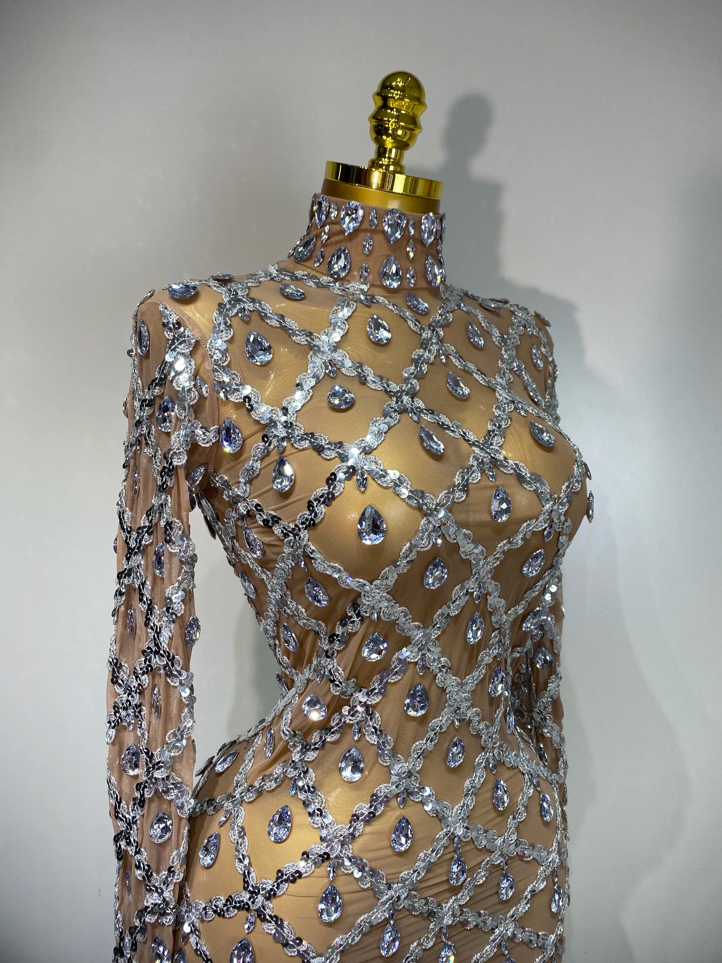 Women Sexy Luxury Birthday Dress Stage Shining Rhinestone Sequin Long Dress Evening Prom Gown Transparent Singer Club Host Dress