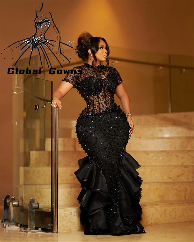 Sparkly Black Ruffles Evening Dresses Bead Crystal Birthday Luxury Dress O Neck Mermaid Party Gown