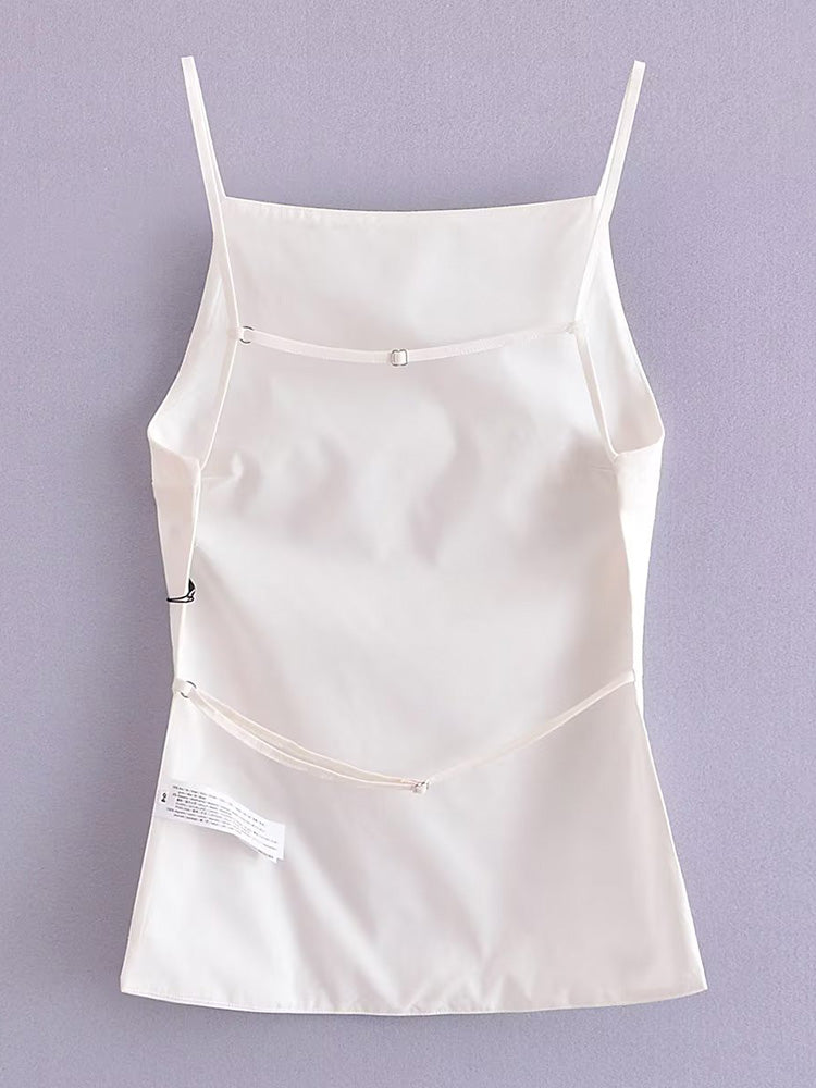 Women Fashion Solid Lace Up Backless Camisole Vintage Thin Straps Square Collar Female Chic Lady Tops