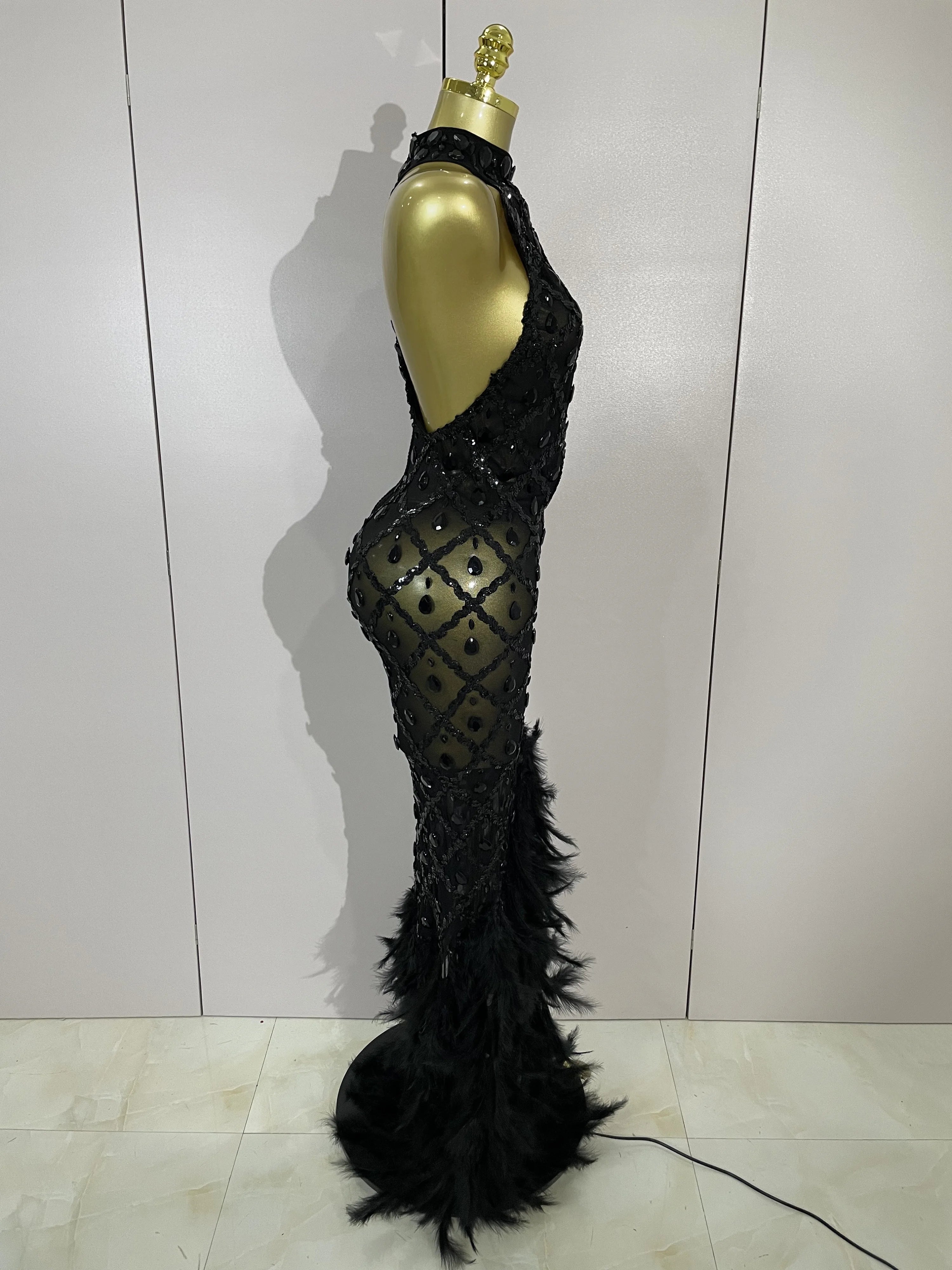 Luxury Shining Gold Rhinestones Feather Sexy Mesh Long Dress Women Birthday Evening Red Carpet Fashion Show Gown Stage Costume