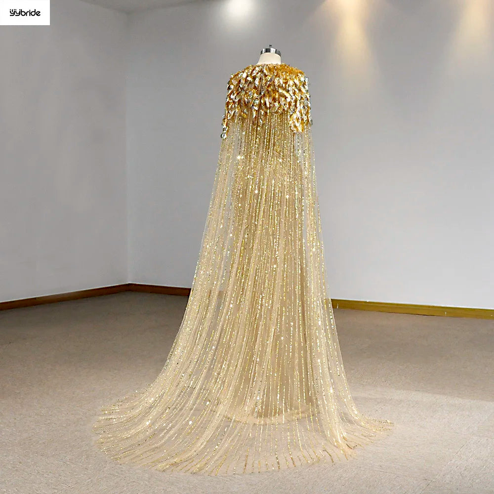 Luxury Gold Color Sequins Full Beading Work Crystals V-Neck Mermaid Skirt Long Cape Customize availables