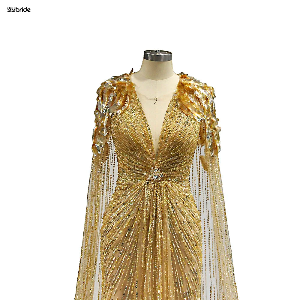 Luxury Gold Color Sequins Full Beading Work Crystals V-Neck Mermaid Skirt Long Cape Customize availables