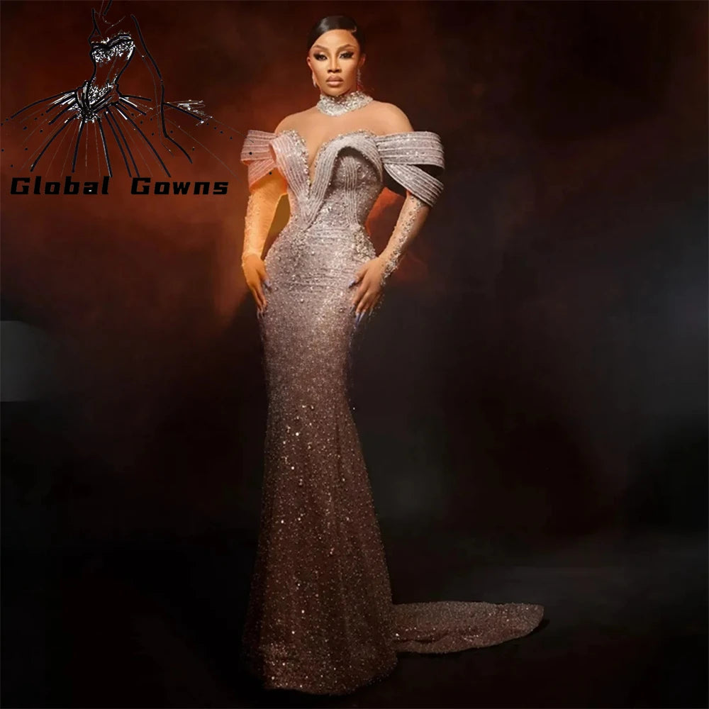 Luxury Silver Lace Beaded Evening Dresses 2025 Lace up, Prom Dress Customized Wedding Party Gown