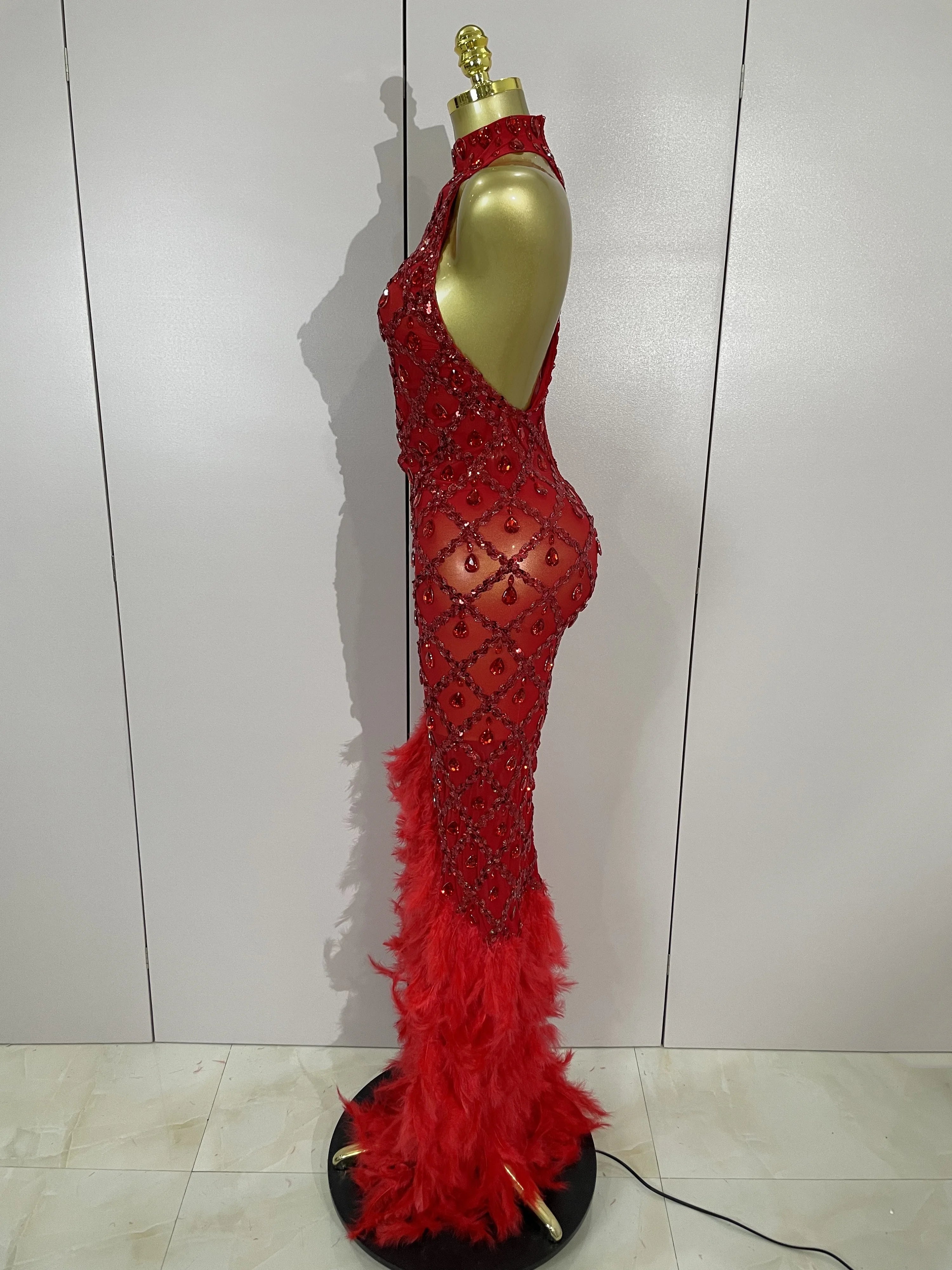 Luxury Shining Gold Rhinestones Feather Sexy Mesh Long Dress Women Birthday Evening Red Carpet Fashion Show Gown Stage Costume