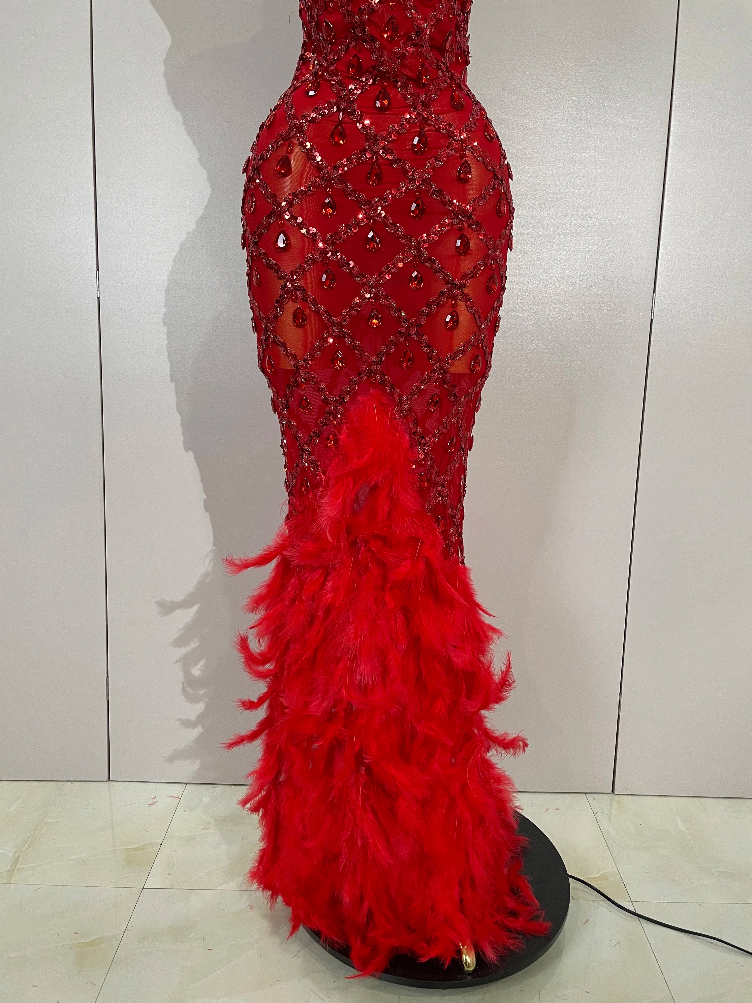 Luxury Shining Gold Rhinestones Feather Sexy Mesh Long Dress Women Birthday Evening Red Carpet Fashion Show Gown Stage Costume