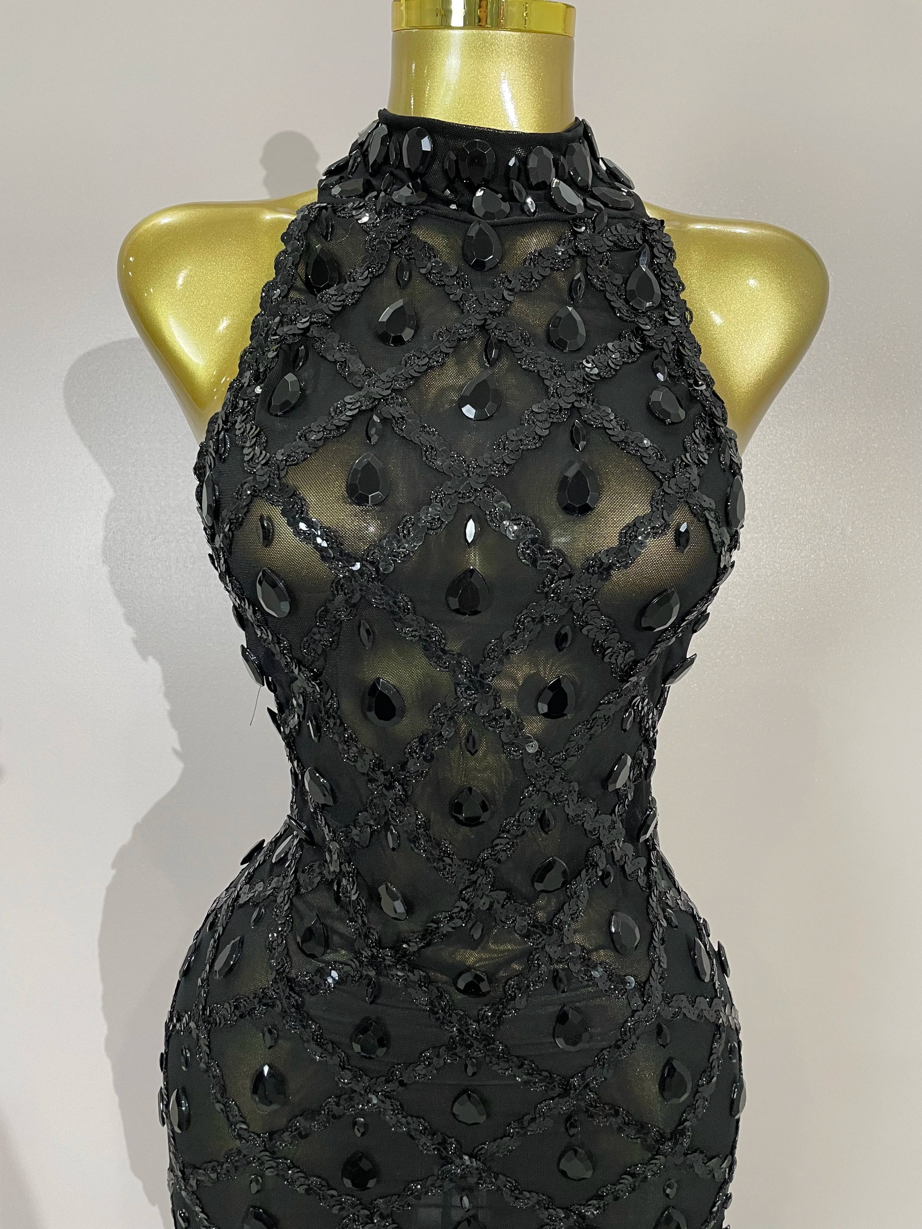 Luxury Shining Gold Rhinestones Feather Sexy Mesh Long Dress Women Birthday Evening Red Carpet Fashion Show Gown Stage Costume