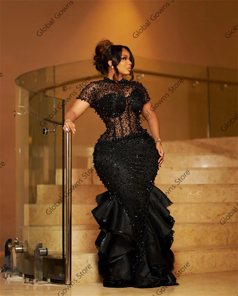 Sparkly Black Ruffles Evening Dresses Bead Crystal Birthday Luxury Dress O Neck Mermaid Party Gown