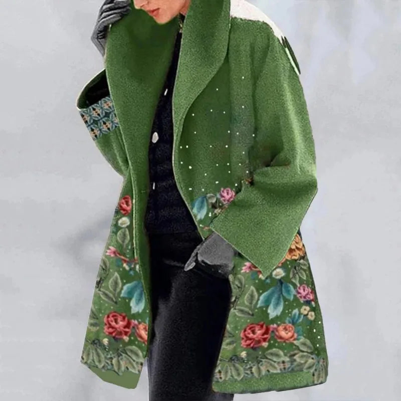 Autumn Winter Elegant Flower Print Women's  Overcoat with Turn-down Collar  Mid Length Loose Thick Warm  Women's Long Coa