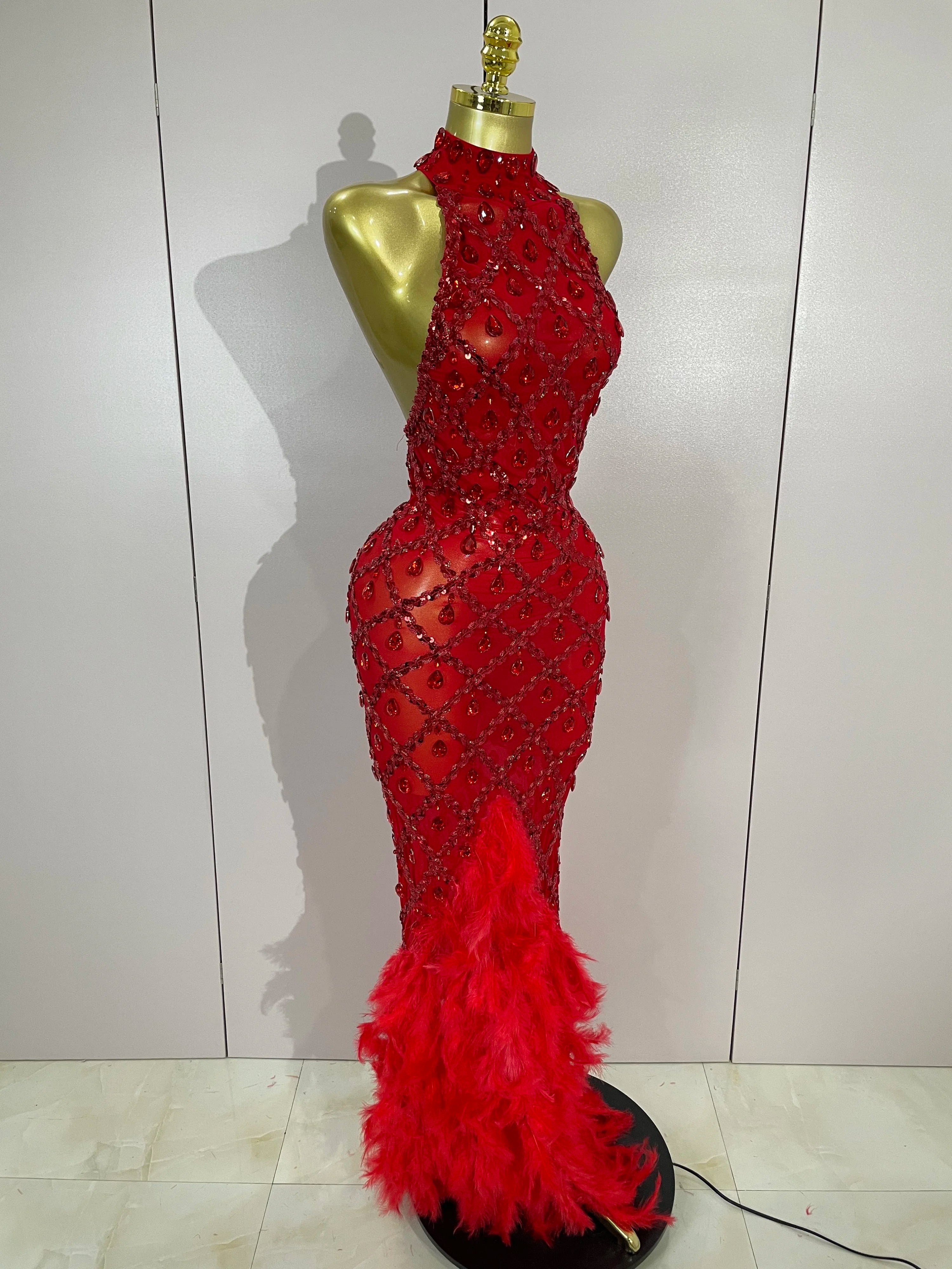 Luxury Shining Gold Rhinestones Feather Sexy Mesh Long Dress Women Birthday Evening Red Carpet Fashion Show Gown Stage Costume