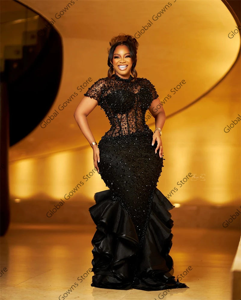 Sparkly Black Ruffles Evening Dresses Bead Crystal Birthday Luxury Dress O Neck Mermaid Party Gown