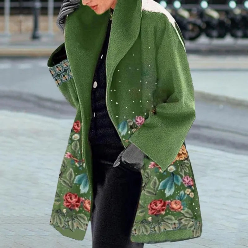 Autumn Winter Elegant Flower Print Women's  Overcoat with Turn-down Collar  Mid Length Loose Thick Warm  Women's Long Coa