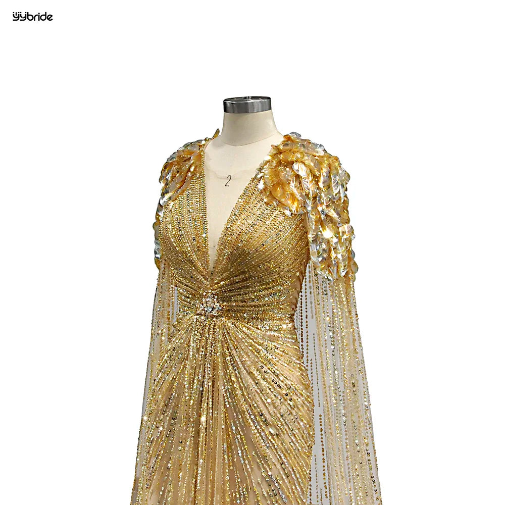 Luxury Gold Color Sequins Full Beading Work Crystals V-Neck Mermaid Skirt Long Cape Customize availables